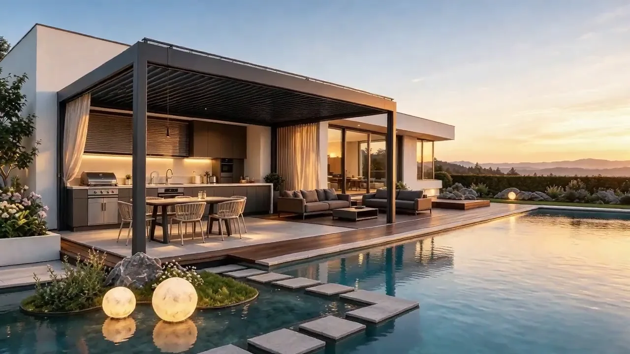 Aluminum louvered pergola arranged as an outdoor living space