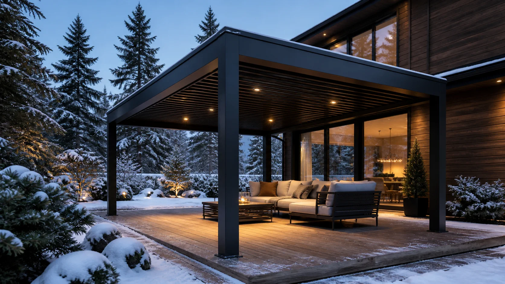 Graphite pergola in a snow-covered Canadian garden