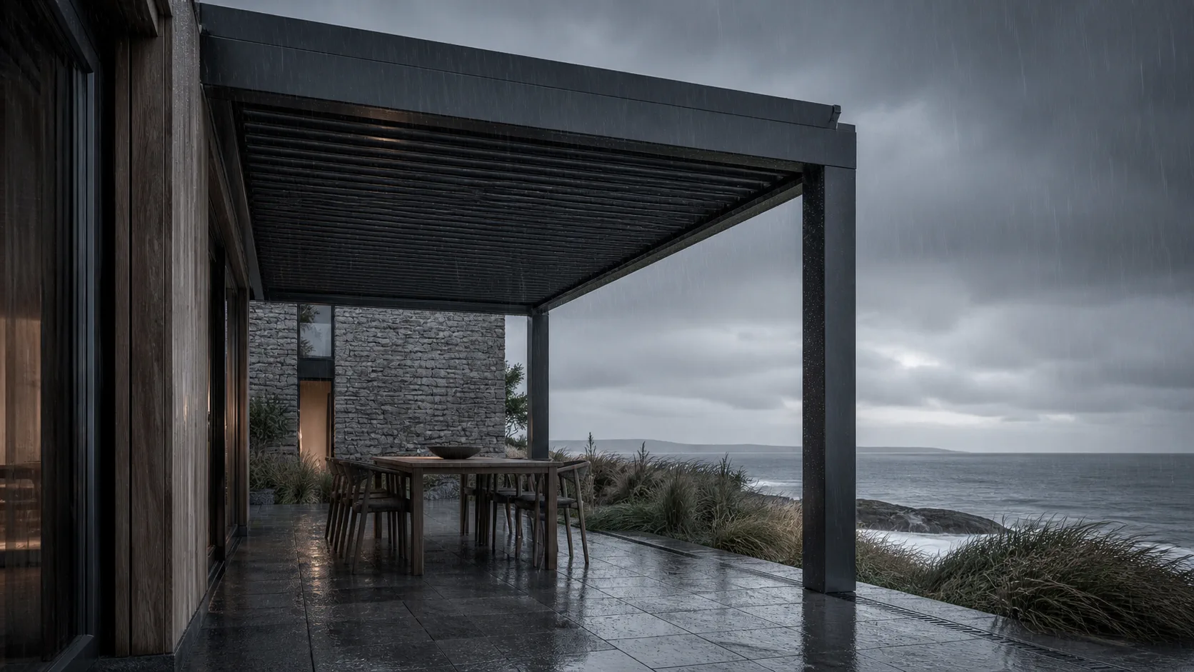Graphite pergola in heavy rain on a Nordic coast