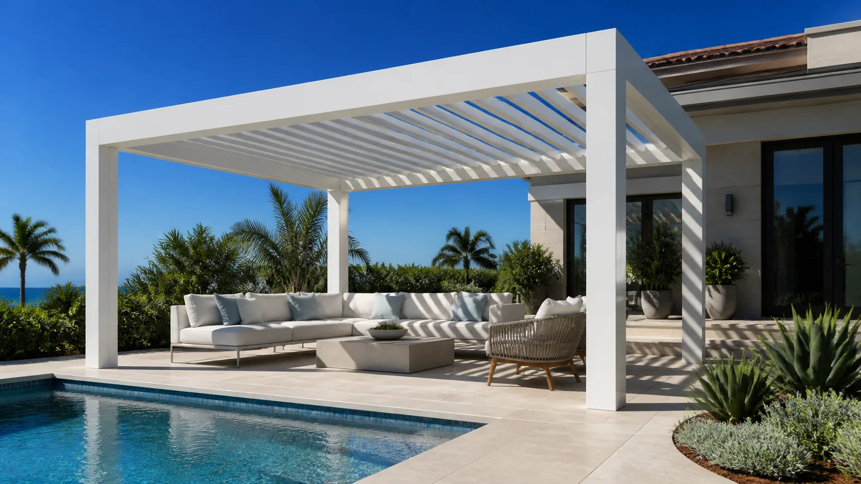 White pergola in strong sun beside a United States pool