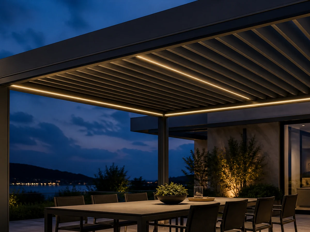 Warm-white LED strips recessed along the inner pergola beams at dusk