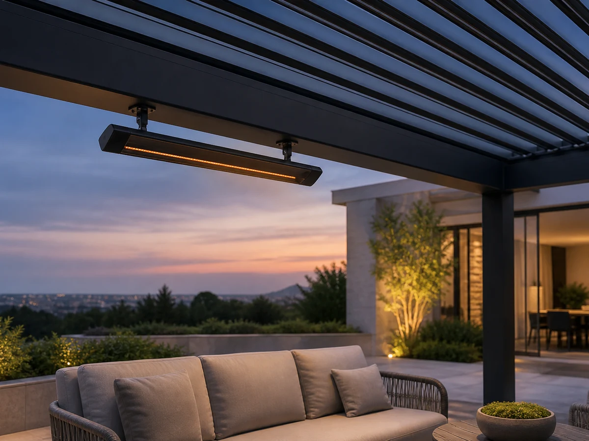 Beam-mounted radiant heater directed toward an outdoor seating zone