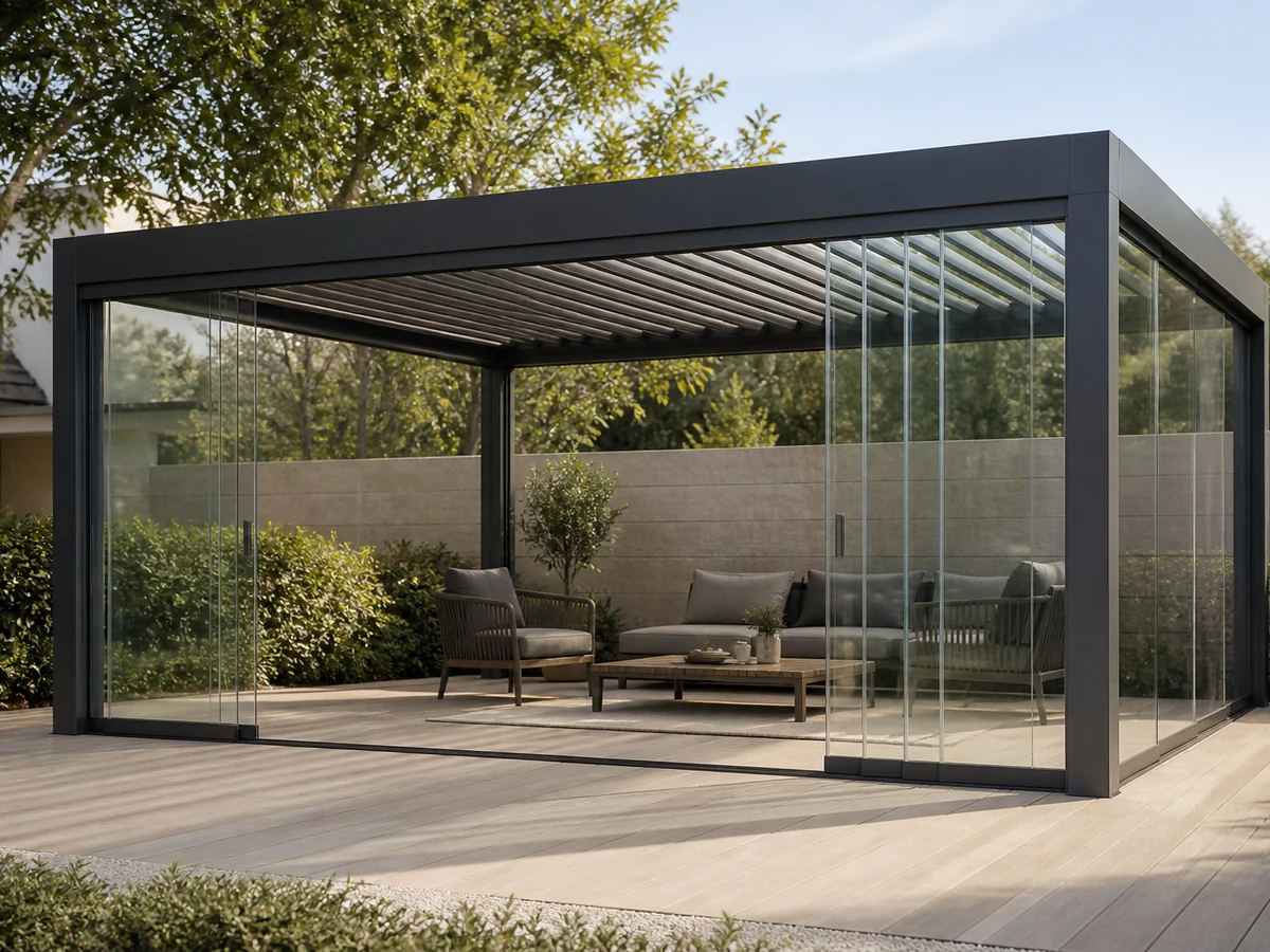 Sliding glass panels partially opened within a graphite louvered pergola