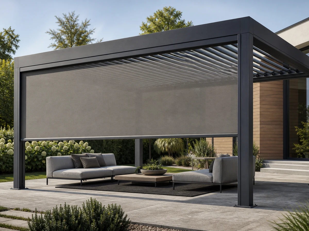 Motorized vertical screen retained in side guides on a graphite aluminum pergola